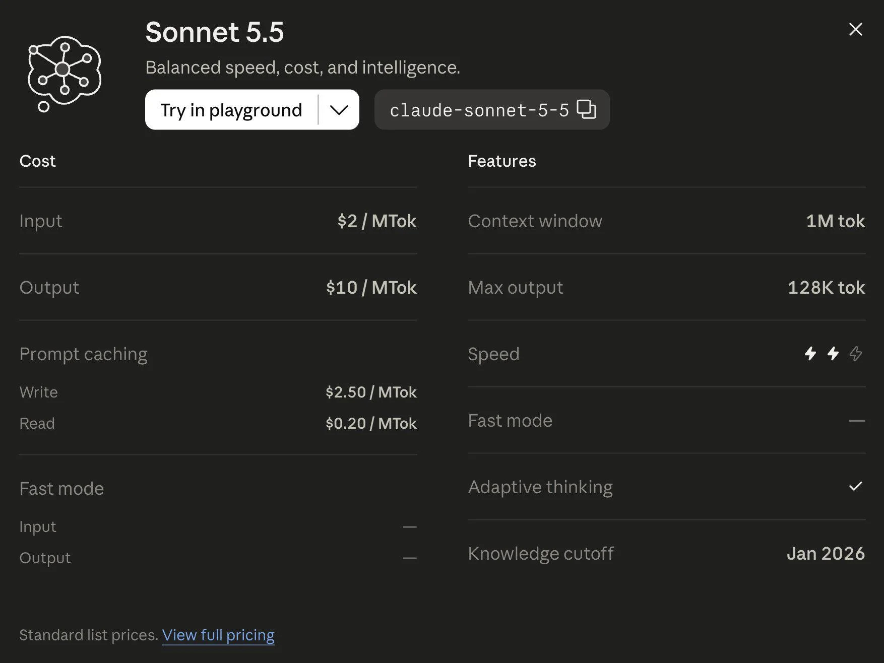 Claude Sonnet 5.5 console specs and pricing