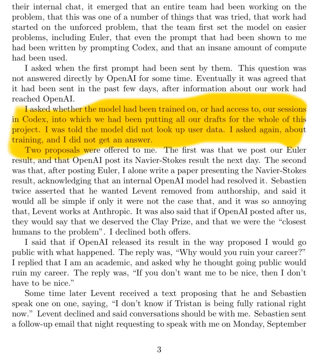 Tristan Buckmaster statement page 3 detailing OpenAI Codex sessions and Sebastien Bubeck confrontation